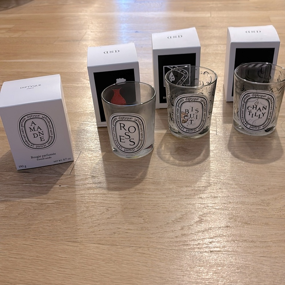 Empty Diptyque candle vessels for Erika